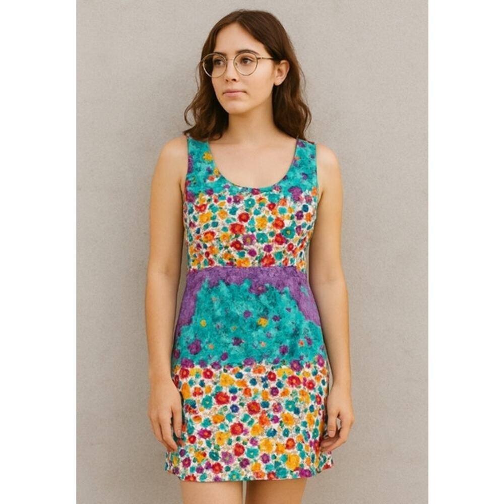 Jams World Vintage‎ 90s Floral Watercolor Print Mini Dress | Teal Purple | SZ 9